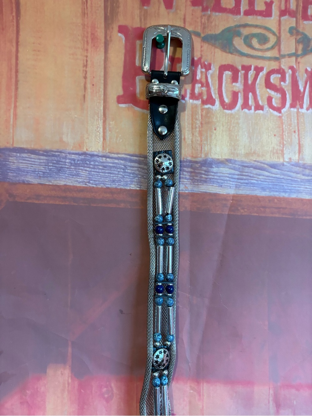 Vintage Metal Mesh Western Belt with Blue Bead Accents – Size Small